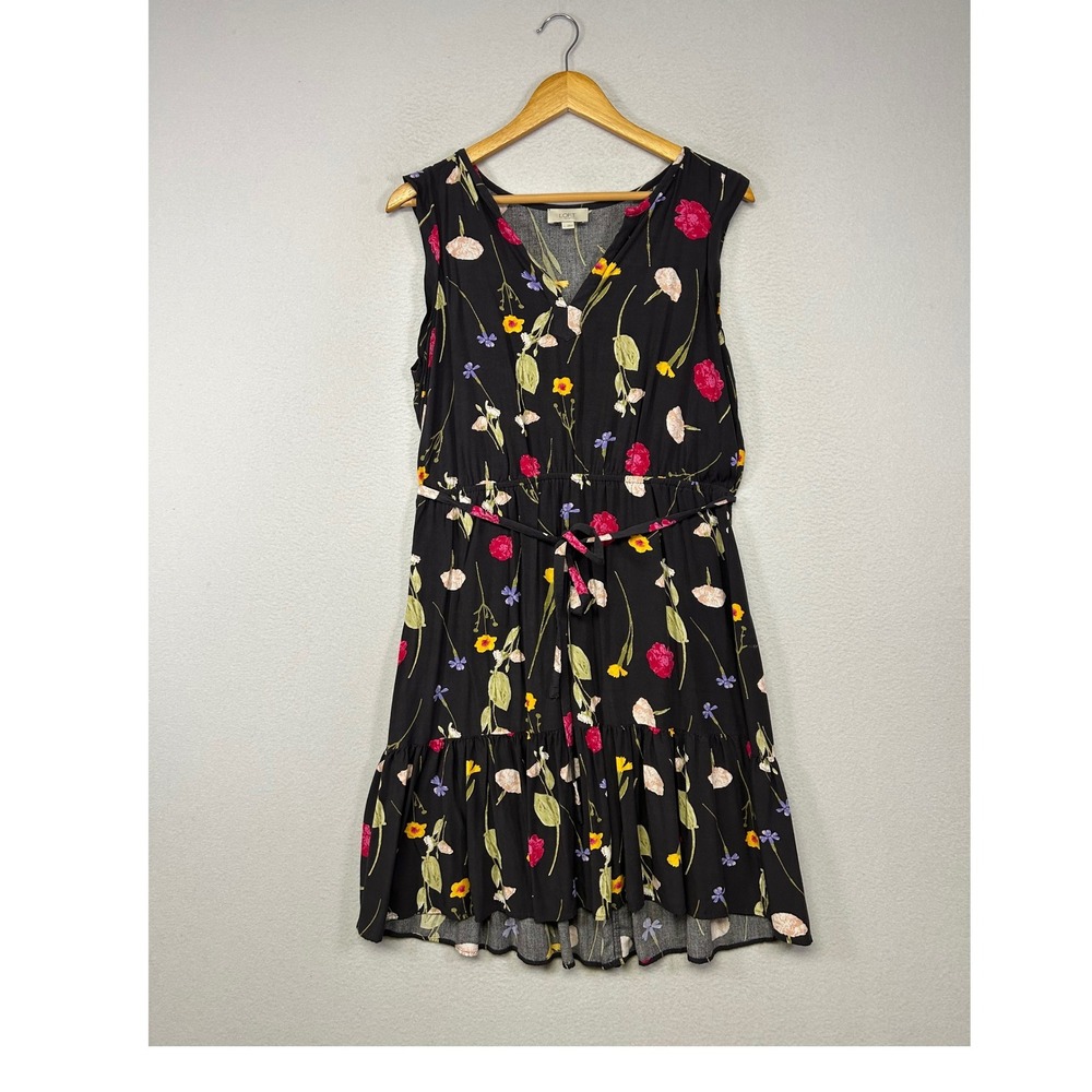Cottagecore Loft Outlet Women LG Black‎ Floral Ruffle Hem V-Neck Tie Waist Dress